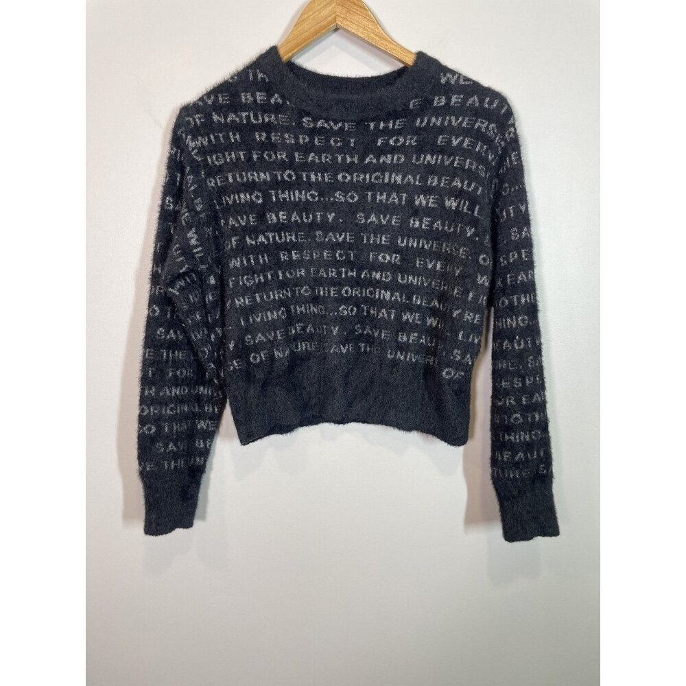 Desigual Flat Knit Thin Gauge Pullover Black Graphic Sweater Size XS Crew Neck